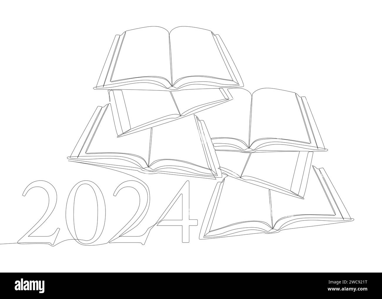 One continuous line of Book with the number 2024. Thin Line
