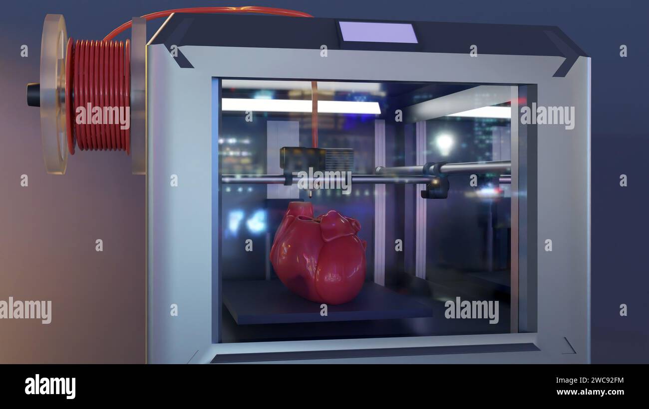 3d rendering of a 3D printer printing a model of a human heart. Stock Photo