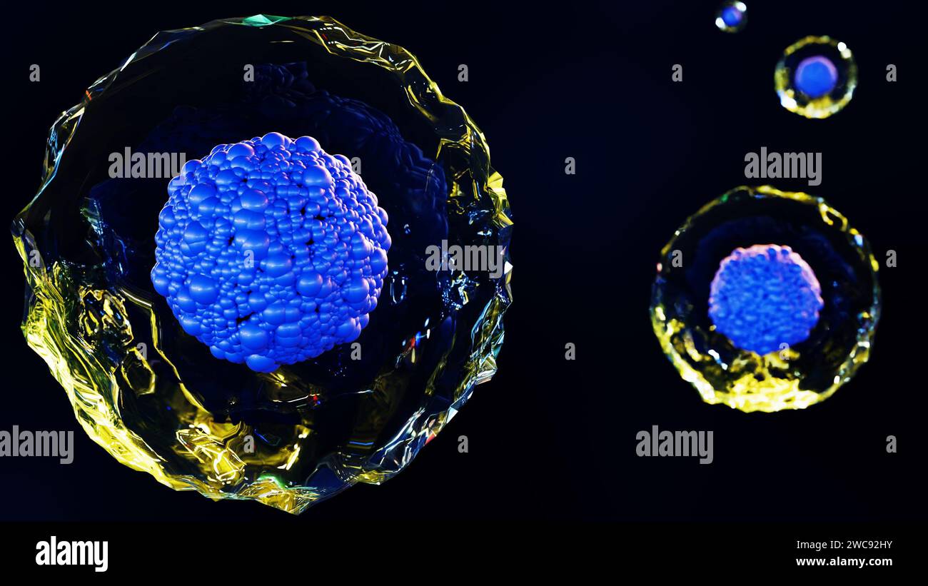 3d rendering of a group of stem cells, which are unspecialized cells that can develop into different types of cells. The stem cells are shown as spher Stock Photo