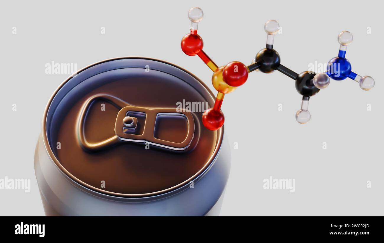 3d rendering of Taurine molecules and unbranded energy drink tin cans