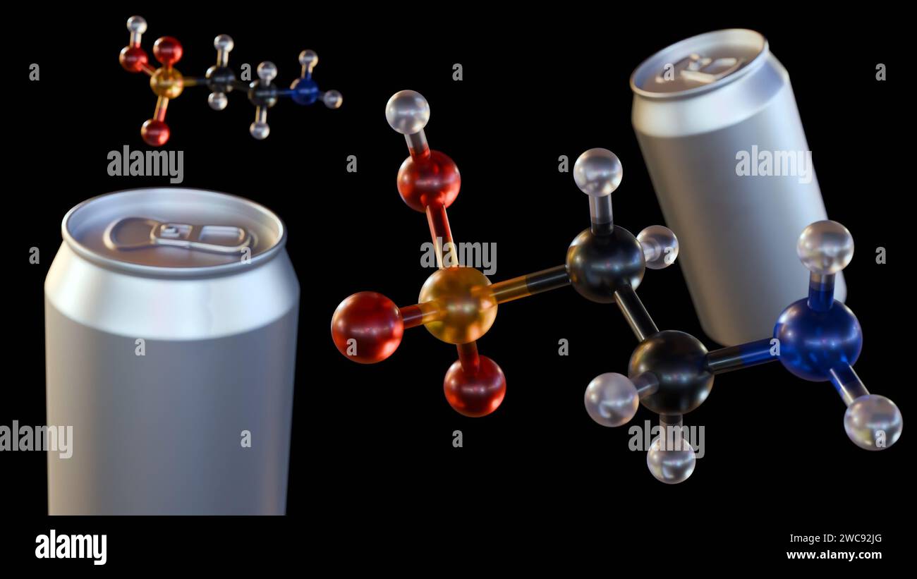 3d rendering of Taurine molecules and unbranded energy drink tin cans