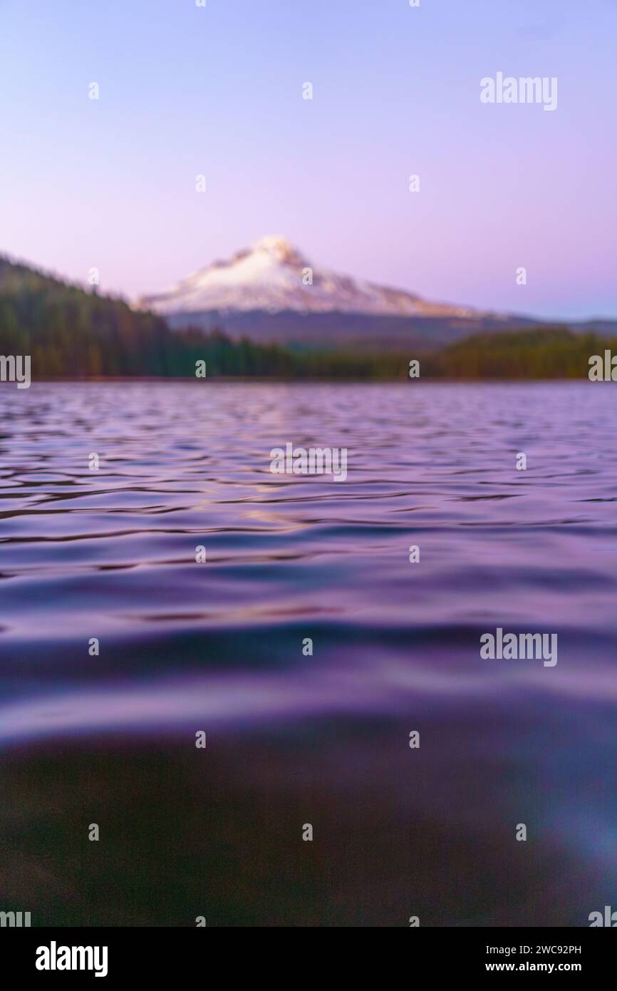 Trillium Lake in focus and Mount Hood in Background, Oregon Stock Photo