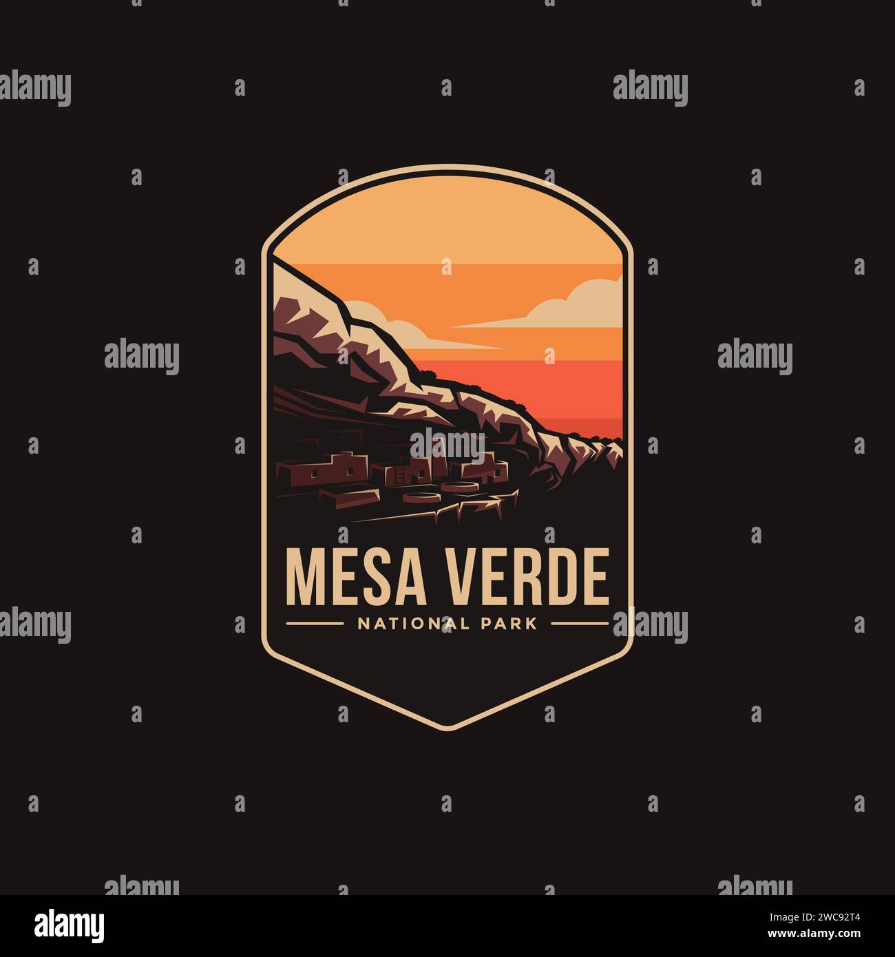 Emblem patch logo illustration of Mesa Verde National Park on dark background Stock Vector