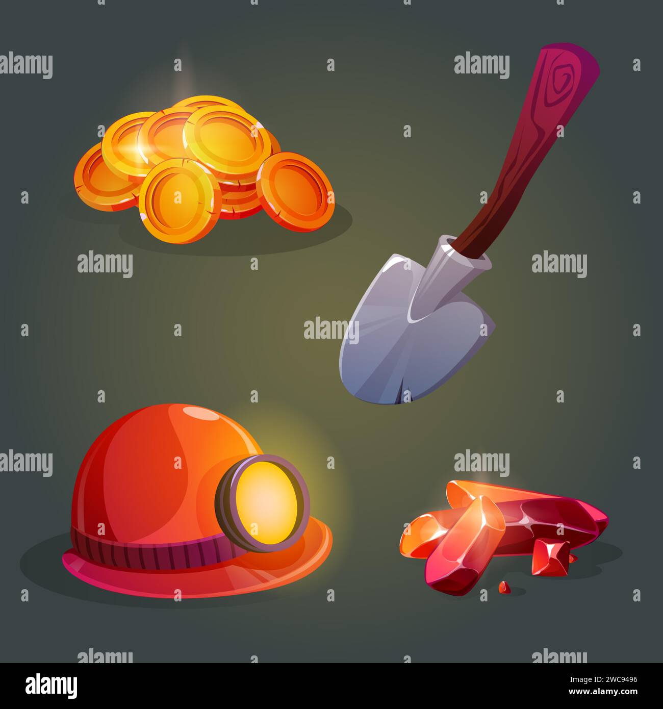 Gold and gemstone mine game icons. Cartoon vector set of gui assets of treasure miner - pile of golden coins and red shiny gems or diamond crystal, shovel with wooden handle and helmet with lamp. Stock Vector
