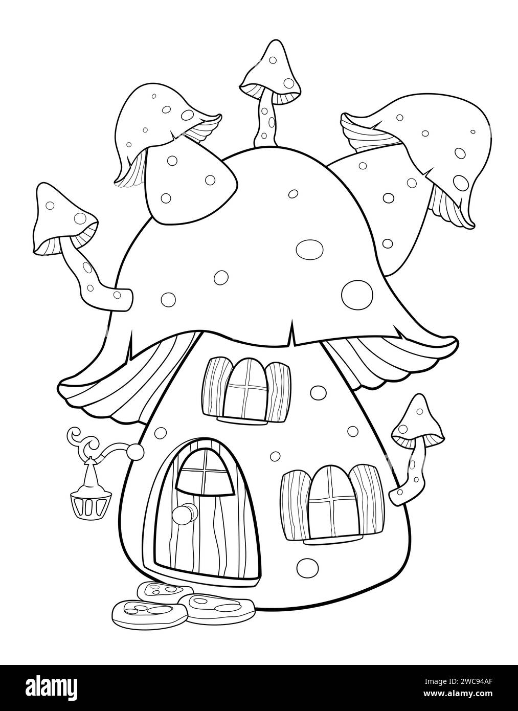 Cartoon fantasy mushroom house. Little fairy house. Sketch in contours for coloring. Stock Vector