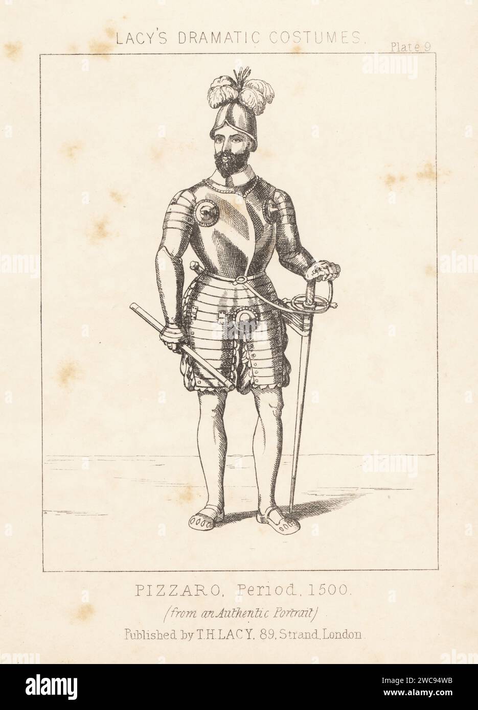 Francisco Pizarro, Marquess of the Atabillos, Spanish conquistador, c.1478-1541. In plumed helmet, plate armour, hose, gauntlets, with cane and sword. Pizzaro (sic), period 1500. From an authentic portrait. Lithograph from Thomas Hailes Lacy's Male Costumes, Historical, National and Dramatic in 200 Plates, London, 1865. Lacy (1809-1873) was a British actor, playwright, theatrical manager and publisher. Stock Photo
