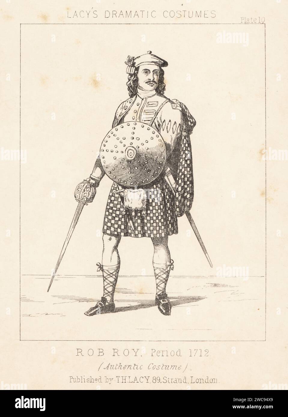 Robert Roy MacGregor, Scottish outlaw and folk hero, 1671-1734. In tam'o shanter, coat, tartan kilt, sporran, buckle shoes, with claymore and targe. Rob Roy, period 1712. Authentic costume. Lithograph from Thomas Hailes Lacy's Male Costumes, Historical, National and Dramatic in 200 Plates, London, 1865. Lacy (1809-1873) was a British actor, playwright, theatrical manager and publisher. Stock Photo