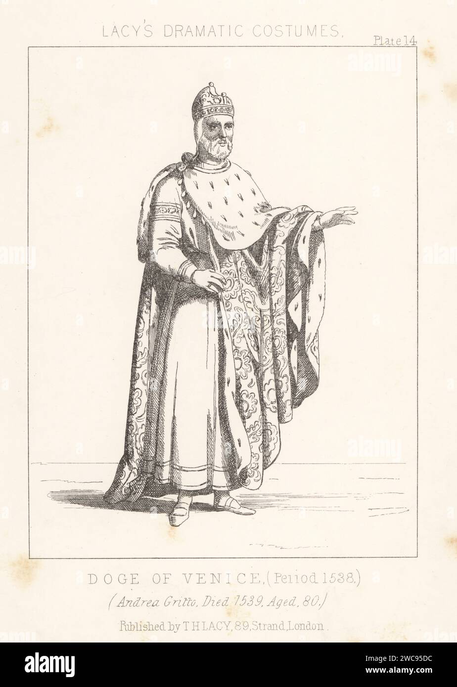 Andrea Gritto, Doge of Venice from 1523 to 1538. Former grain merchant, spy and diplomat or Bailo, leader of the Venetian military, 1455–1538. In cap, ermine-lined embroidered cape, long robe. Lithograph from Thomas Hailes Lacy's Male Costumes, Historical, National and Dramatic in 200 Plates, London, 1865. Lacy (1809-1873) was a British actor, playwright, theatrical manager and publisher. Stock Photo