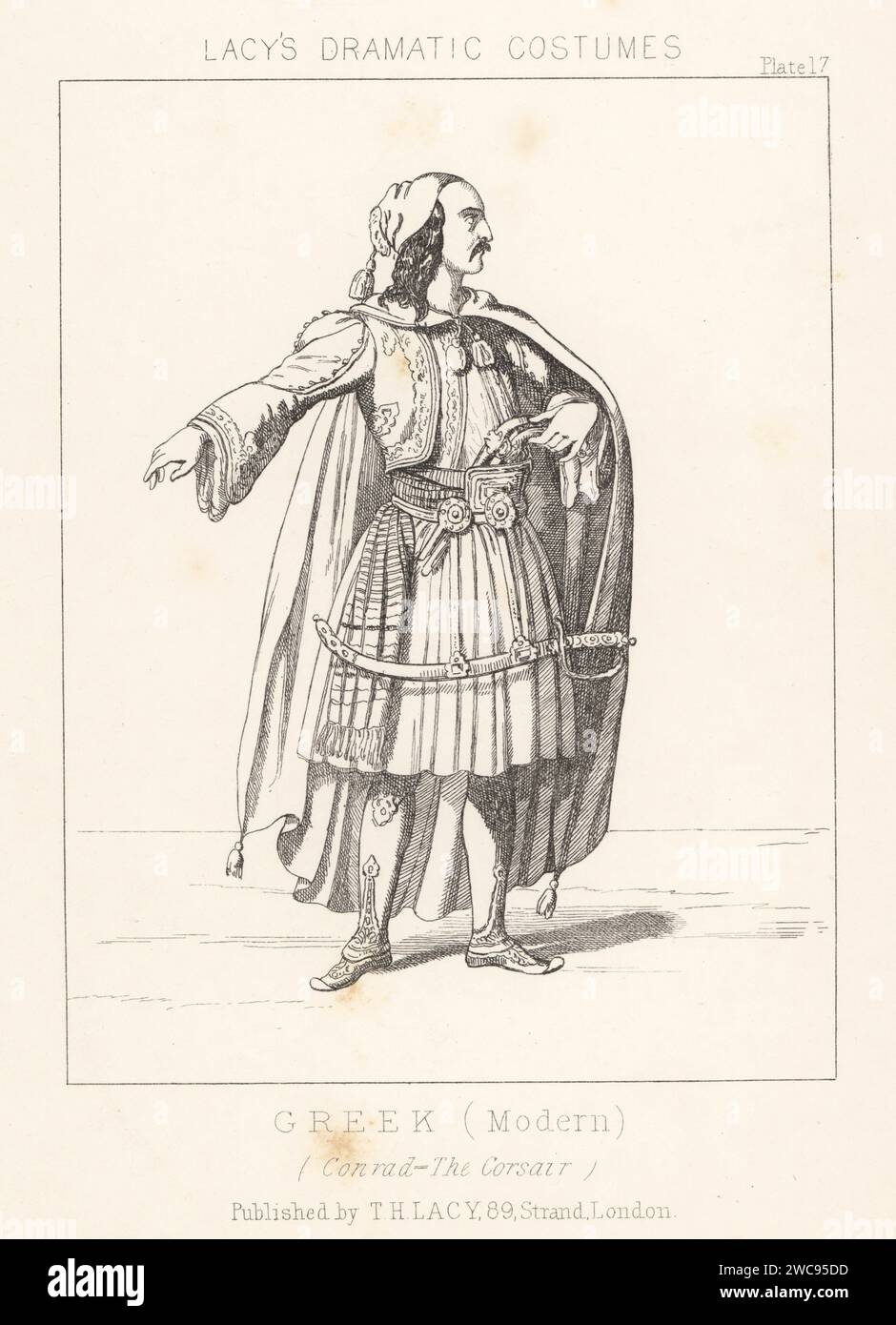 Italian mime and choreographer Domenico Segarelli as Conrad in Joseph Mazilier’s ballet Le Corsaire, 1856. Costume of a Greek man, 19th century. In cap with tassel, long cloak, jacket, fustanella or kilt, armed with pistols and sabre. Lithograph after Alexandre Lacauchie from Thomas Hailes Lacy's Male Costumes, Historical, National and Dramatic in 200 Plates, London, 1865. Lacy (1809-1873) was a British actor, playwright, theatrical manager and publisher. Stock Photo