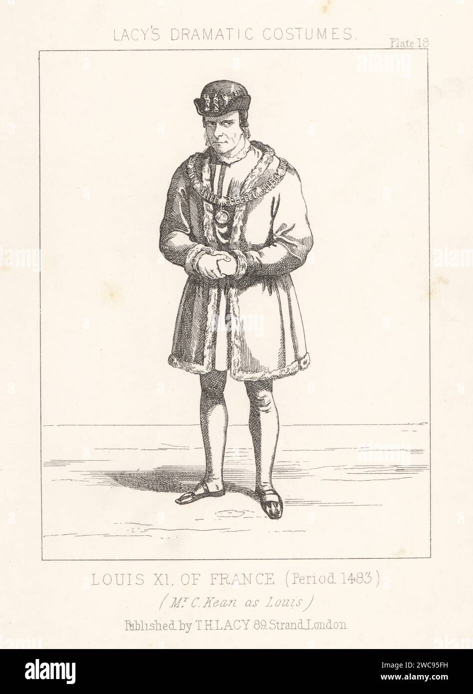 English actor Charles Kean as King Louis XI of France in Dion Boucicault's translation of Casimir Delavigne's play Louis XI, 1855. In cap with figures, fur-lined doublet, hose, wearing the collar of the Order of Saint Michael. Lithograph from Thomas Hailes Lacy's Male Costumes, Historical, National and Dramatic in 200 Plates, London, 1865. Lacy (1809-1873) was a British actor, playwright, theatrical manager and publisher. Stock Photo