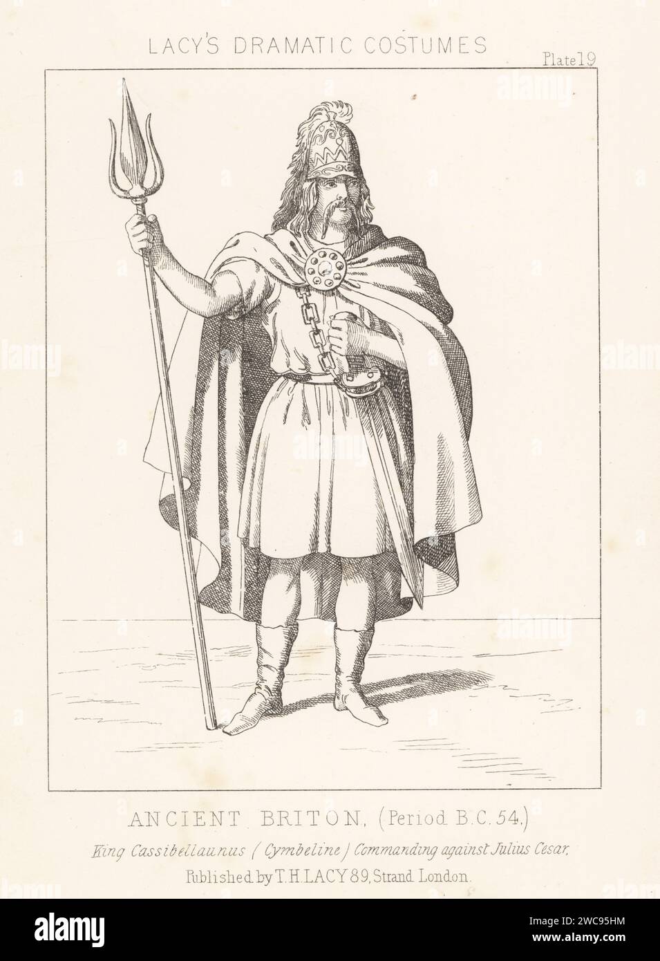 Cassivellaunus or Caswallawn, British military leader, 1st century BC. Ancient Briton, period 54 BC. King Cassibellaunus commanding against Julius Caesar. In helmet, cloak, tunic, boots, armed with sword and trident. Cimbeline (sic). Lithograph from Thomas Hailes Lacy's Male Costumes, Historical, National and Dramatic in 200 Plates, London, 1865. Lacy (1809-1873) was a British actor, playwright, theatrical manager and publisher. Stock Photo