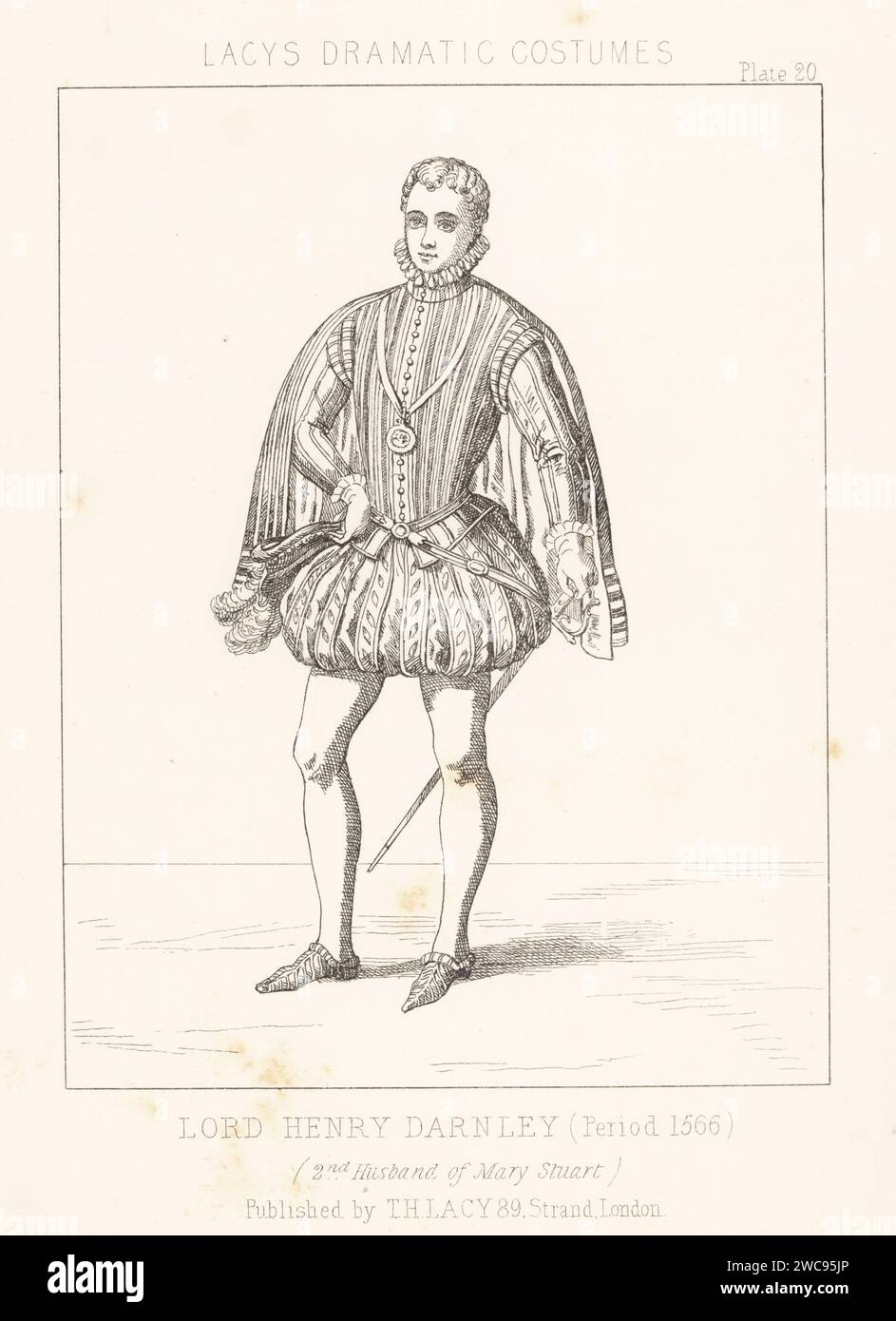 Henry Stuart, Lord Darnley, second husband of Mary Queen of Scots, 1546-1567. In ruff collar, short cloak, doublet and breeches, hose, court sword. Lithograph from Thomas Hailes Lacy's Male Costumes, Historical, National and Dramatic in 200 Plates, London, 1865. Lacy (1809-1873) was a British actor, playwright, theatrical manager and publisher. Stock Photo
