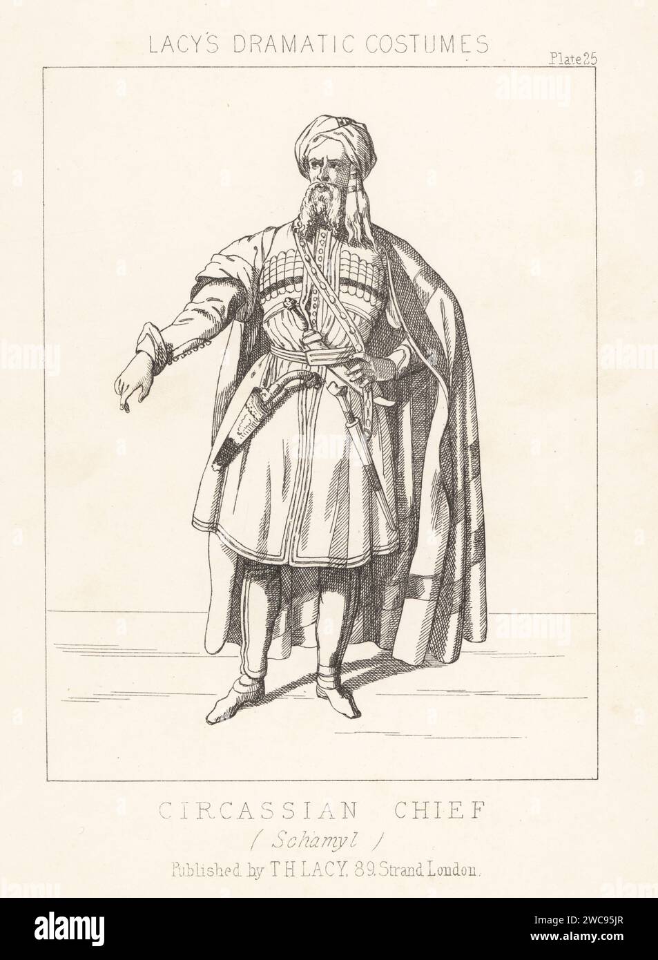 Imam Shamil, leader of the North Caucasian guerrilla resistance to Imperial Russia, 1797-1871. In turban, cloak, tunic with bandoliers, with daggers and pistol hanging from his belt. Circassian chief (sic), Schamyl. Lithograph from Thomas Hailes Lacy's Male Costumes, Historical, National and Dramatic in 200 Plates, London, 1865. Lacy (1809-1873) was a British actor, playwright, theatrical manager and publisher. Stock Photo