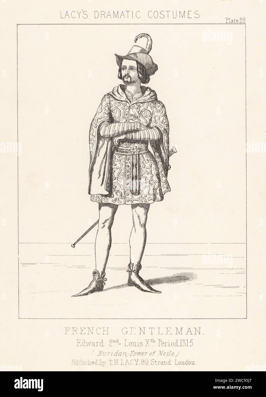 French gentleman, period 1315. In plumed cap, short embroidered tunic with hood and hanging sleeves, hose, shoes and sword. After the character Buridan in the Tower of Nesle, a play by Alexander Dumas, 1832. Lithograph from Thomas Hailes Lacy's Male Costumes, Historical, National and Dramatic in 200 Plates, London, 1865. Lacy (1809-1873) was a British actor, playwright, theatrical manager and publisher. Stock Photo