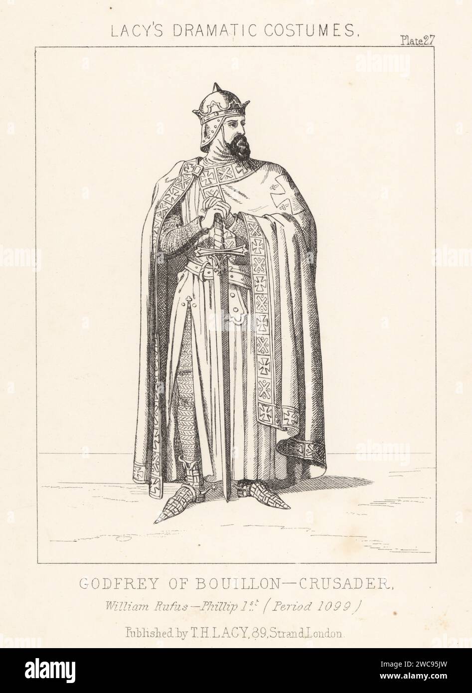 Godfrey of Bouillon, leader of the First Crusade, c.1060-1100. First ruler of Jerusalem. Reign of William Rufus, Phillip I. In helmet with crown, cloak with embroidered cross, tunic, chainmail hauberk, with sword. Lithograph from Thomas Hailes Lacy's Male Costumes, Historical, National and Dramatic in 200 Plates, London, 1865. Lacy (1809-1873) was a British actor, playwright, theatrical manager and publisher. Stock Photo