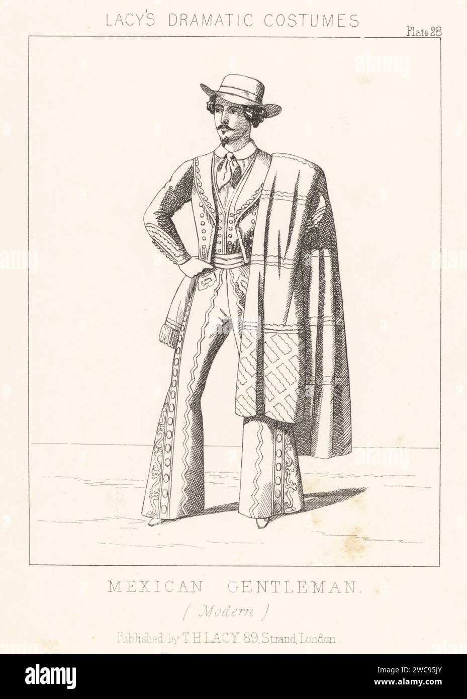 Costume of a Mexican gentleman, 1860s. In hat, embroidered jacket and flared trousers, shirt and cravatte, large shawl over his shoulder. Lithograph from Thomas Hailes Lacy's Male Costumes, Historical, National and Dramatic in 200 Plates, London, 1865. Lacy (1809-1873) was a British actor, playwright, theatrical manager and publisher. Stock Photo