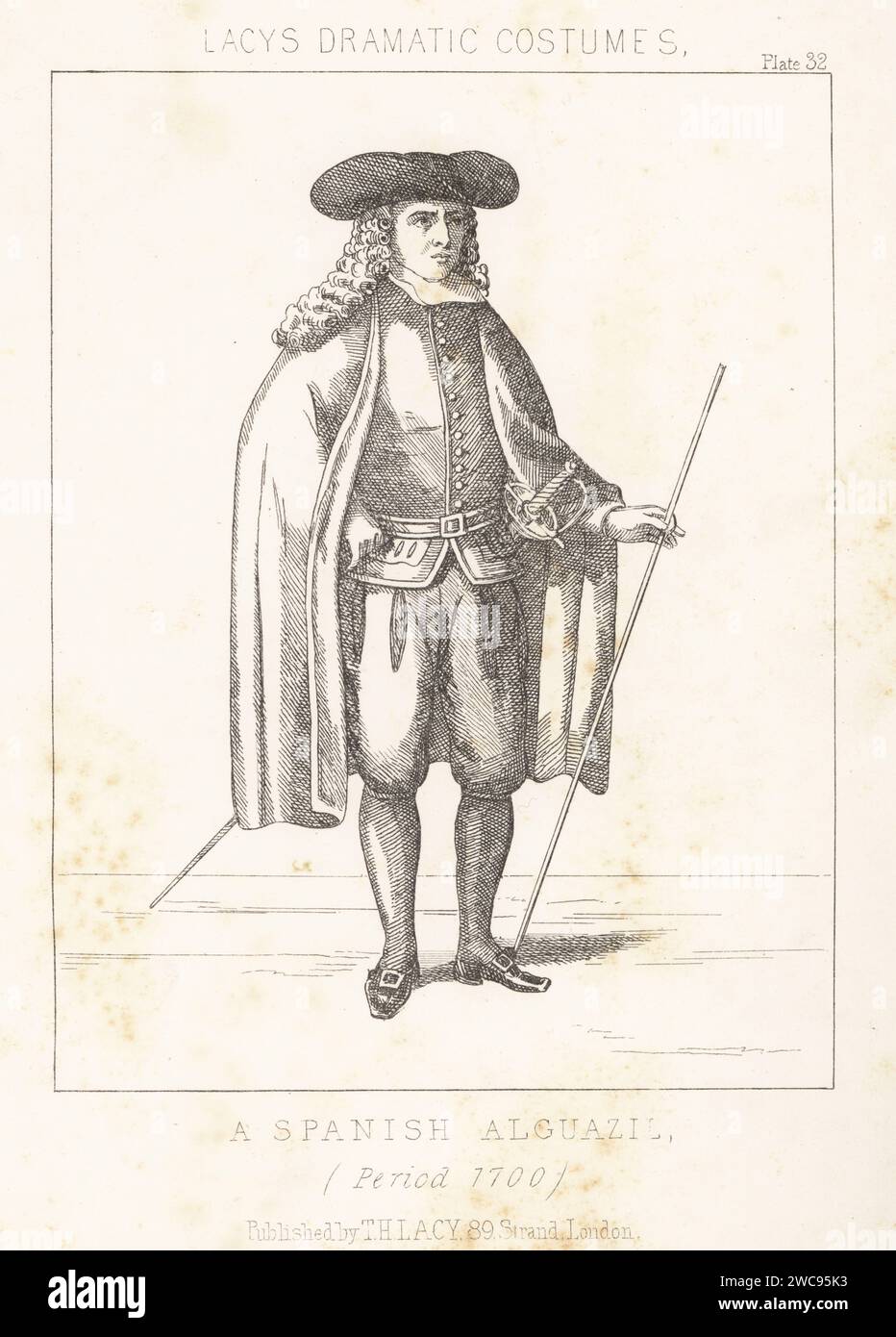 Costume of a Spanish Alguacil, a judge, sheriff or bailiff. In cap, powdered wig, cloak, doublet, breeches, buckle shoes, with sword and staff. A Spanish Alguazil, 18th century. Lithograph from Thomas Hailes Lacy's Male Costumes, Historical, National and Dramatic in 200 Plates, London, 1865. Lacy (1809-1873) was a British actor, playwright, theatrical manager and publisher. Stock Photo