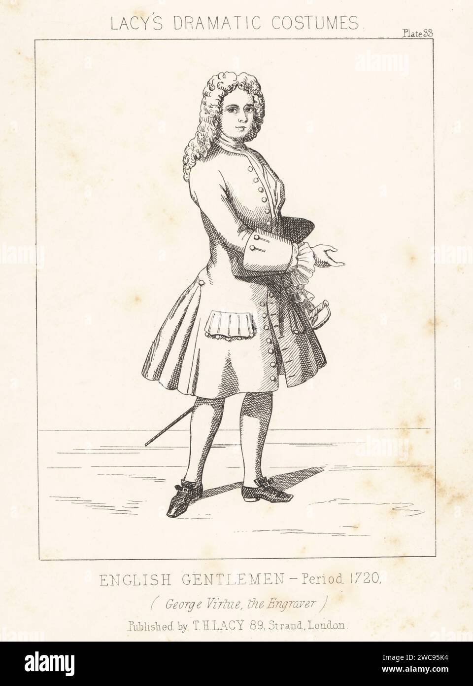 George Virtue, English engraver and antiquary, 1684-1756. In powdered wig, coat with large cuffs and pockets, buckle shoes, with sword and tricorne. In the costume of an English gentleman, circa 1720. Lithograph from Thomas Hailes Lacy's Male Costumes, Historical, National and Dramatic in 200 Plates, London, 1865. Lacy (1809-1873) was a British actor, playwright, theatrical manager and publisher. Stock Photo