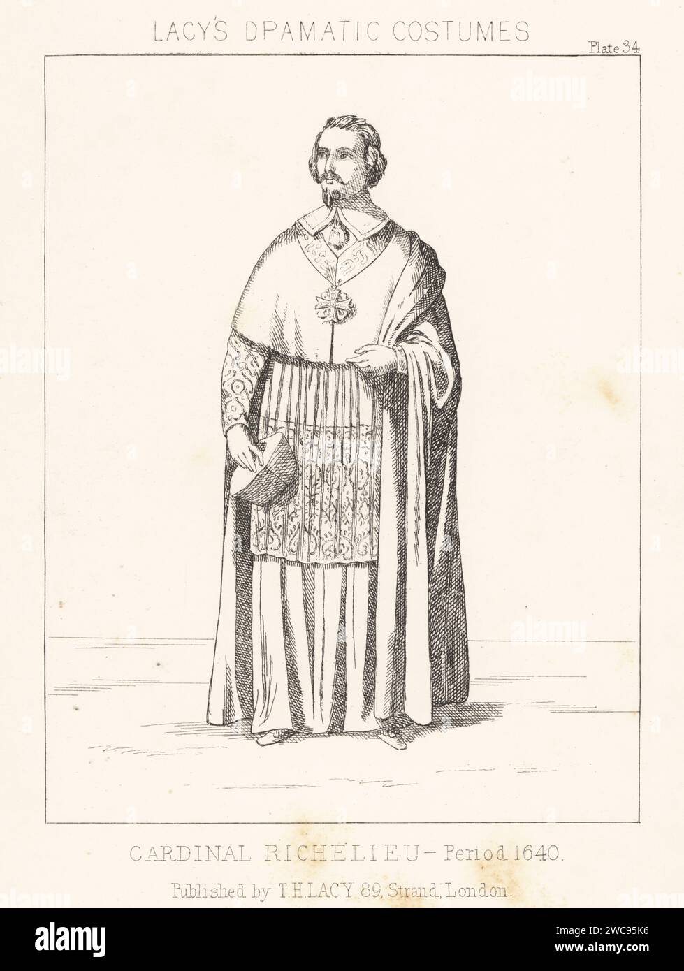 Armand Jean du Plessis, 1st Duke of Richelieu, Cardinal Richelieu, l'Éminence rouge, or the Red Eminence, 1585-1642. In ecclesiastical habit. Lithograph from Thomas Hailes Lacy's Male Costumes, Historical, National and Dramatic in 200 Plates, London, 1865. Lacy (1809-1873) was a British actor, playwright, theatrical manager and publisher. Stock Photo