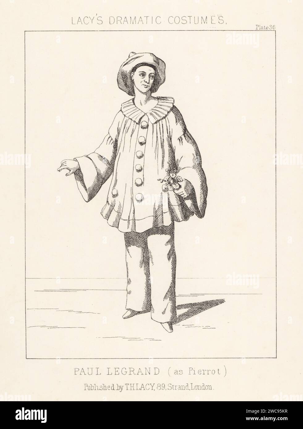 Paul Legrand, French mime, 1816-1898, in costume of his greatest role, Pierrot, commedia dell'arte. White hat, white tunic with large buttons and collar, pants. Lithograph from Thomas Hailes Lacy's Male Costumes, Historical, National and Dramatic in 200 Plates, London, 1865. Lacy (1809-1873) was a British actor, playwright, theatrical manager and publisher. Stock Photo