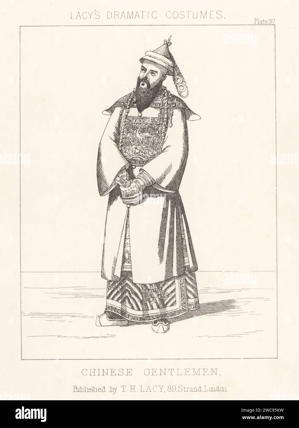 Mandarin, imperial court of China, 19th century. In plumed hat, silk tunic with embroidered square over robe, shoes. The bird shows his rank as a civil magistrate. Costume of a Chinese gentleman. Lithograph from Thomas Hailes Lacy's Male Costumes, Historical, National and Dramatic in 200 Plates, London, 1865. Lacy (1809-1873) was a British actor, playwright, theatrical manager and publisher. Stock Photo