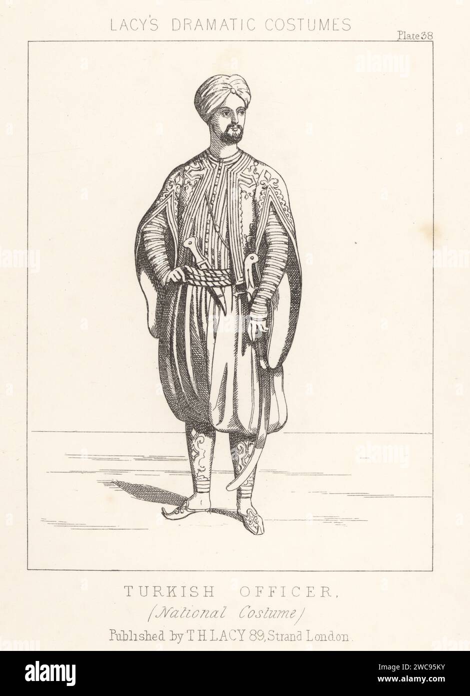 Uniform of a Turkish officer, 19th century. In turban, jacket, salvar pants, slippers, with dagger and scimitar. National costume. Lithograph from Thomas Hailes Lacy's Male Costumes, Historical, National and Dramatic in 200 Plates, London, 1865. Lacy (1809-1873) was a British actor, playwright, theatrical manager and publisher. Stock Photo