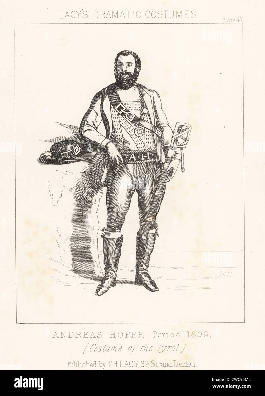 Andreas Hofer, Tyrolean innkeeper, patriot, folk hero, leader of the Tyrolean Rebellion, 1767-1810. With hat, coat, lederhosen or leather breeches with his initials, boots, armed with a sword. Costume of the Tyrol, period 1809. Lithograph from Thomas Hailes Lacy's Male Costumes, Historical, National and Dramatic in 200 Plates, London, 1865. Lacy (1809-1873) was a British actor, playwright, theatrical manager and publisher. Stock Photo