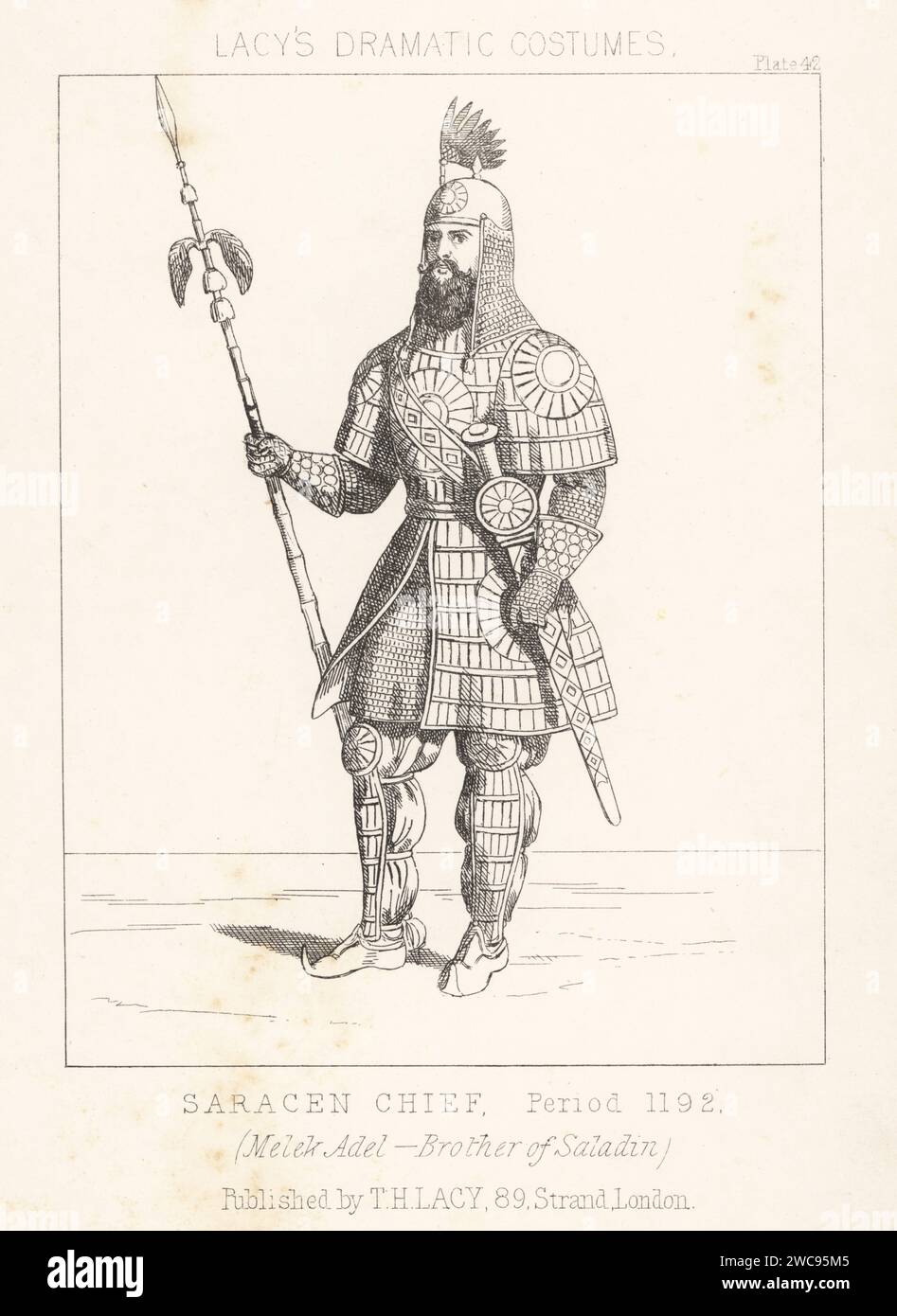 Al-Adil I, al-Malik al-Adil, or Saphadin, fourth sultan of Egypt and Syria, 1145-1218. Melek Adel, brother of Saladin. Costume of a Saracen chief, period 1192. In sallet helmet with mail aventail, scale armour over chainmail suit, with sword and winged lance. Lithograph from Thomas Hailes Lacy's Male Costumes, Historical, National and Dramatic in 200 Plates, London, 1865. Lacy (1809-1873) was a British actor, playwright, theatrical manager and publisher. Stock Photo