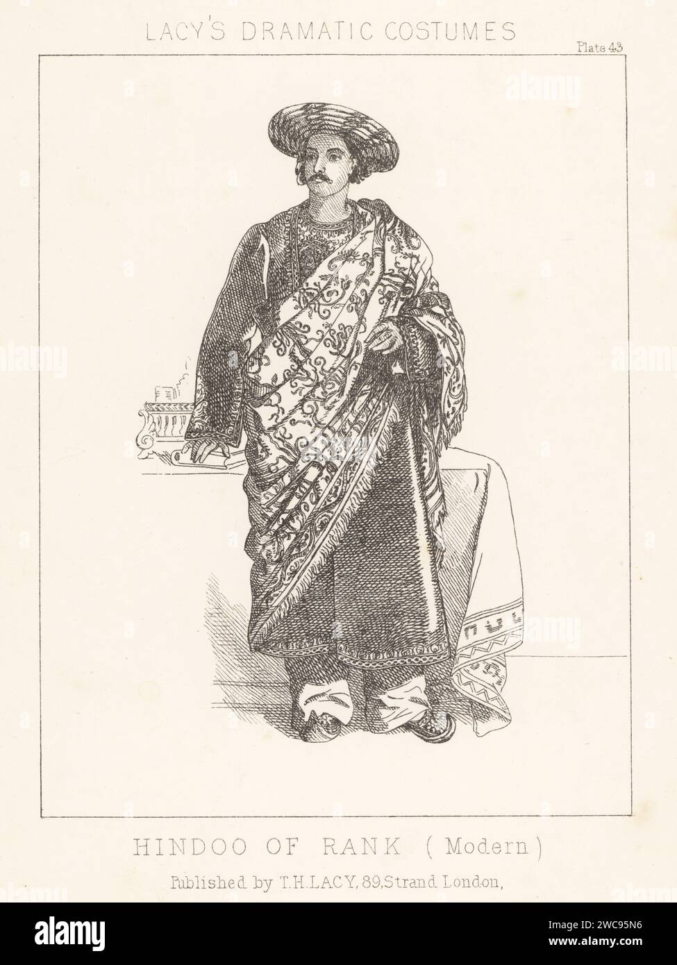 Costume of an Indian man, 19th century. In hat, robe, embroidered shawl, slippers. Hindoo of rank, modern. Lithograph from Thomas Hailes Lacy's Male Costumes, Historical, National and Dramatic in 200 Plates, London, 1865. Lacy (1809-1873) was a British actor, playwright, theatrical manager and publisher. Stock Photo