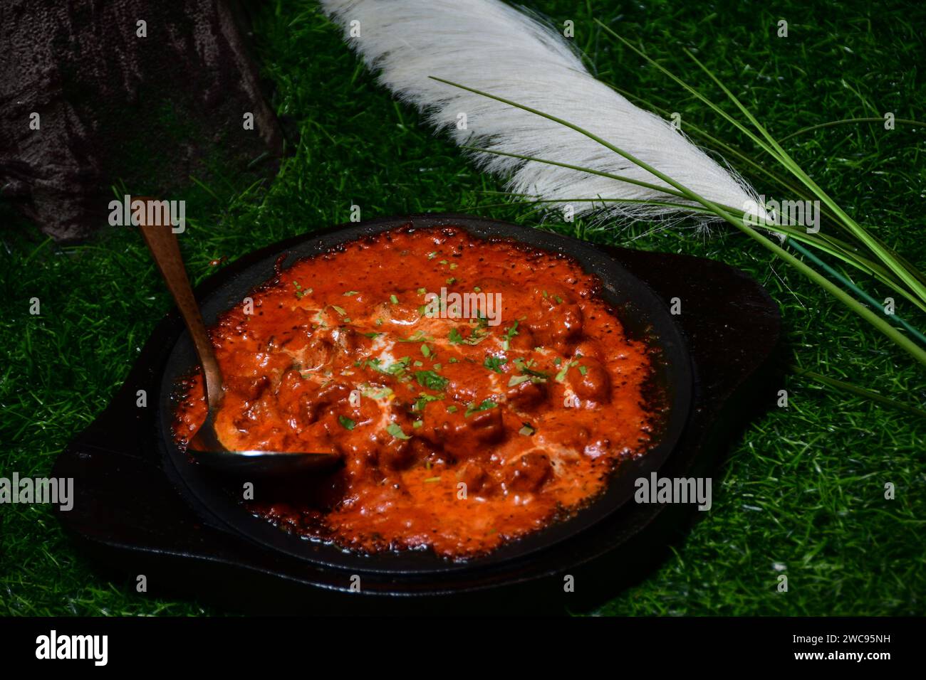A delicious and aromatic meat curry is beautifully presented in a sleek black bowl Stock Photo