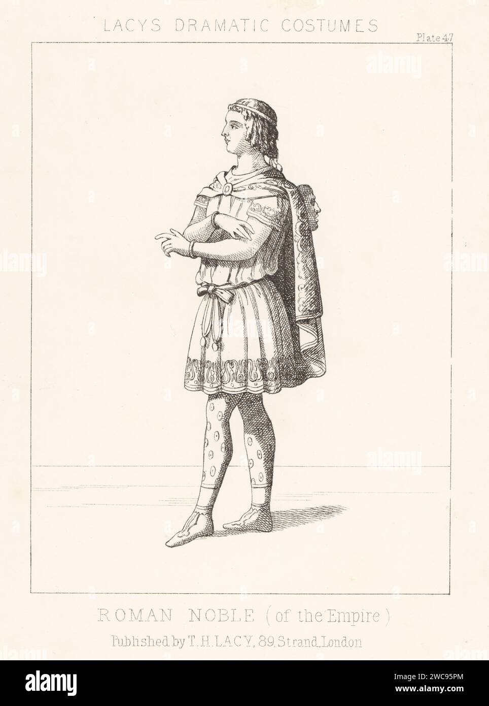 Costume of a noble of the Roman Empire. In diadem, short cloak, colobium (tunic) with cincta (belt), decorated udones (stockings), with mask hanging on his back. Lithograph from Thomas Hailes Lacy's Male Costumes, Historical, National and Dramatic in 200 Plates, London, 1865. Lacy (1809-1873) was a British actor, playwright, theatrical manager and publisher. Stock Photo