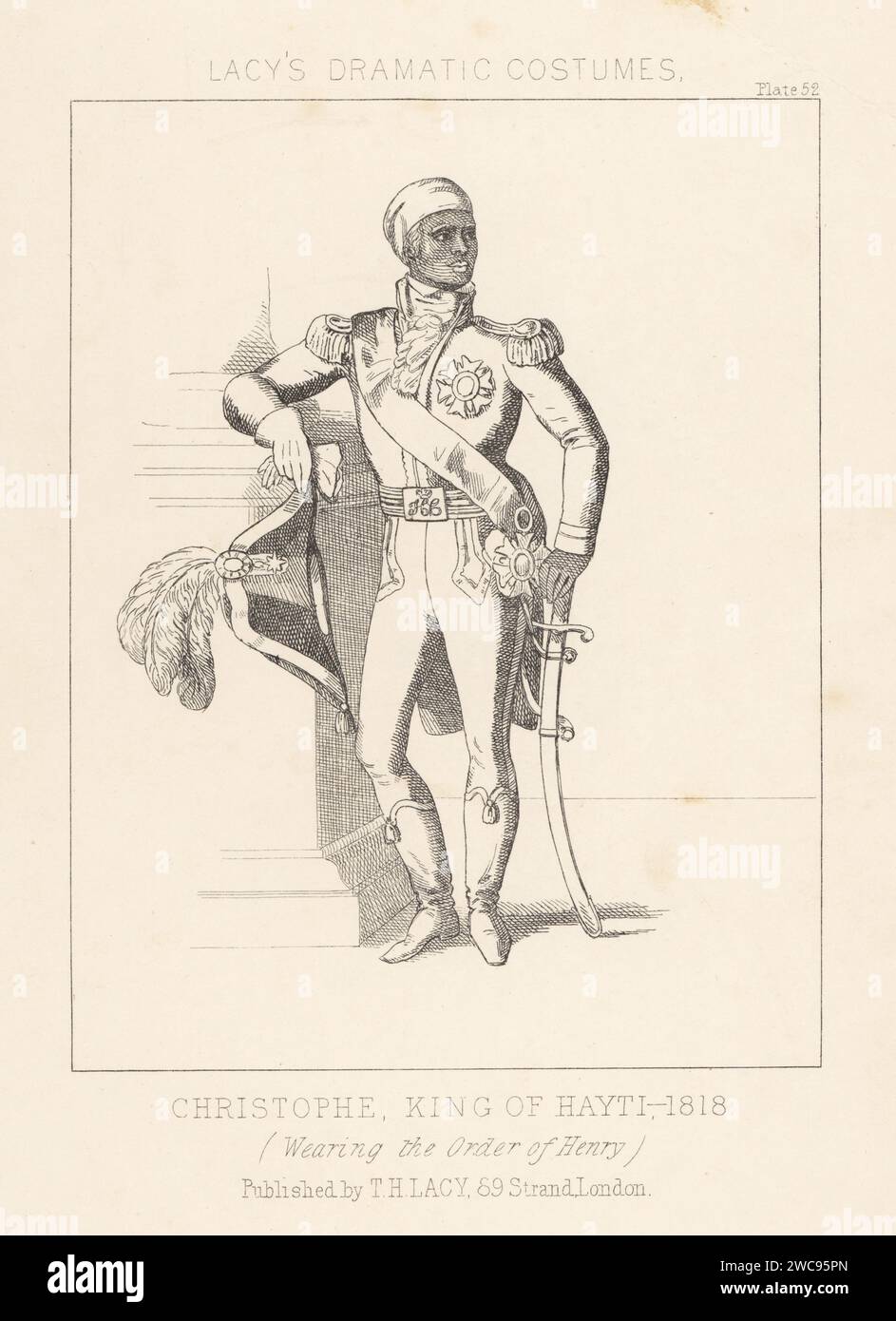 Henri Christophe, leader of the Haitian Revolution and king of Haiti, 1767-1820. Christophe, King of Hayti, 1818. In military uniform, coat with epaulettes, sash, sabre, boots, holding a plumed bicorne, wearing the grand cross of the Royal and Military Order of St. Henry. Lithograph from Thomas Hailes Lacy's Male Costumes, Historical, National and Dramatic in 200 Plates, London, 1865. Lacy (1809-1873) was a British actor, playwright, theatrical manager and publisher. Stock Photo