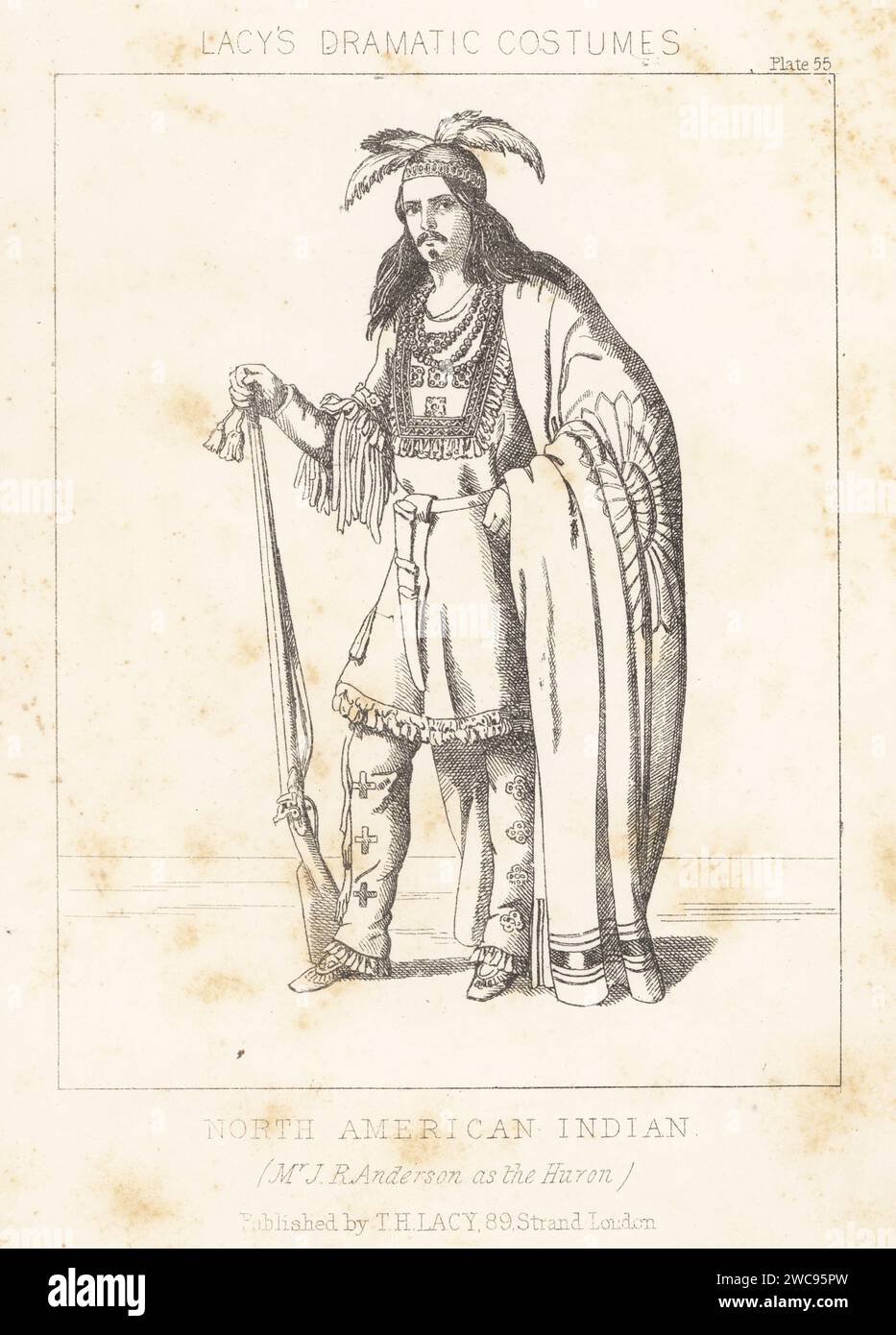 James R. Anderson, English actor, 1811-1895, as the lead in Civilization (based on Voltaire's play Huron or L'Ingenu), 1853. Costume of a Huron or Wyandot man, North American Indian. Feather headdress, painted cloak, embroidered animal skin tunic and gaiters, with musket. Lithograph from Thomas Hailes Lacy's Male Costumes, Historical, National and Dramatic in 200 Plates, London, 1865. Lacy (1809-1873) was a British actor, playwright, theatrical manager and publisher. Stock Photo