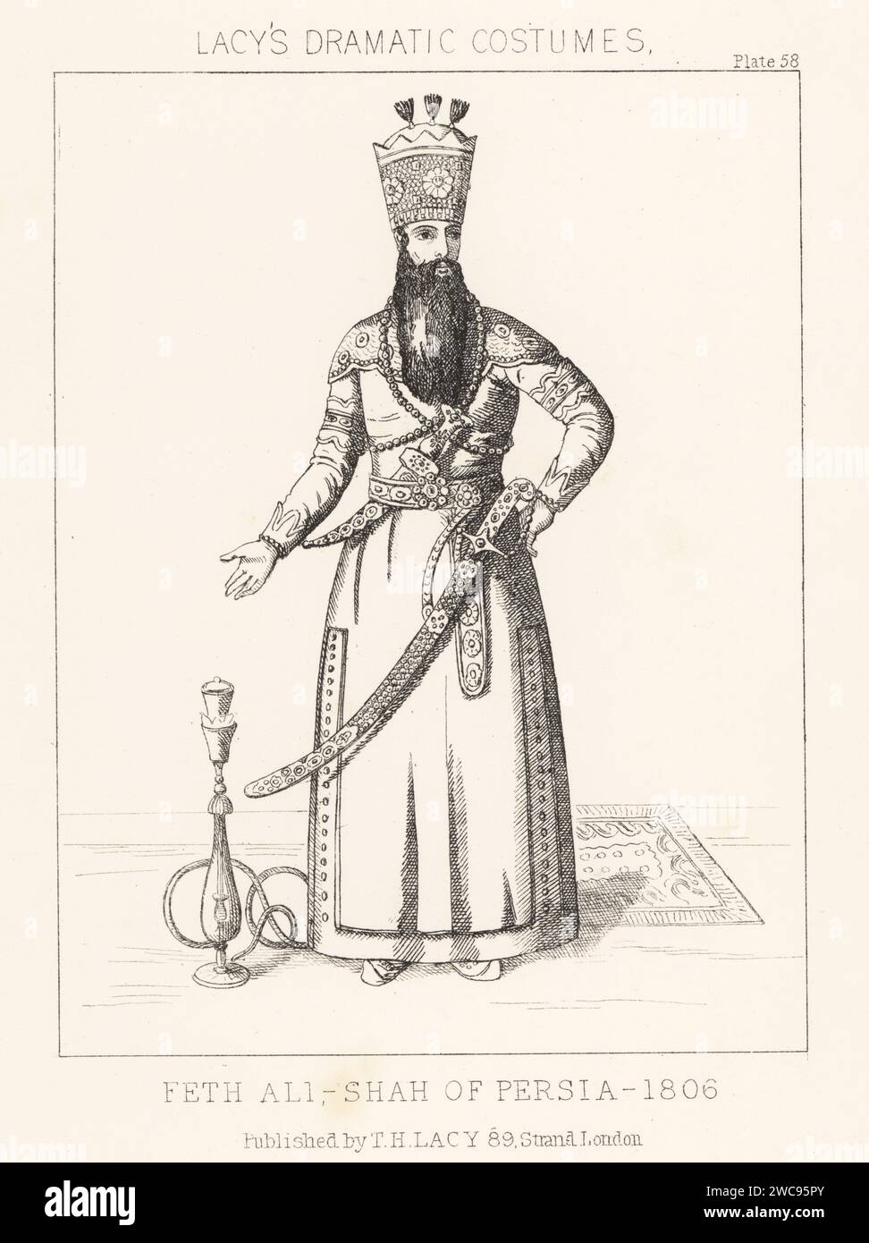 Fath-Ali Shah Qajar, second shah of Qajar Iran, 1769-1834. In tall crown with black heron feathers, embroidered silk gown, bejeweled sabre, dagger, belt and bazuband armlets, standing next to a carpet and hookah pipe. Feth Ali, Shah of Persia, 1806. Lithograph from Thomas Hailes Lacy's Male Costumes, Historical, National and Dramatic in 200 Plates, London, 1865. Lacy (1809-1873) was a British actor, playwright, theatrical manager and publisher. Stock Photo