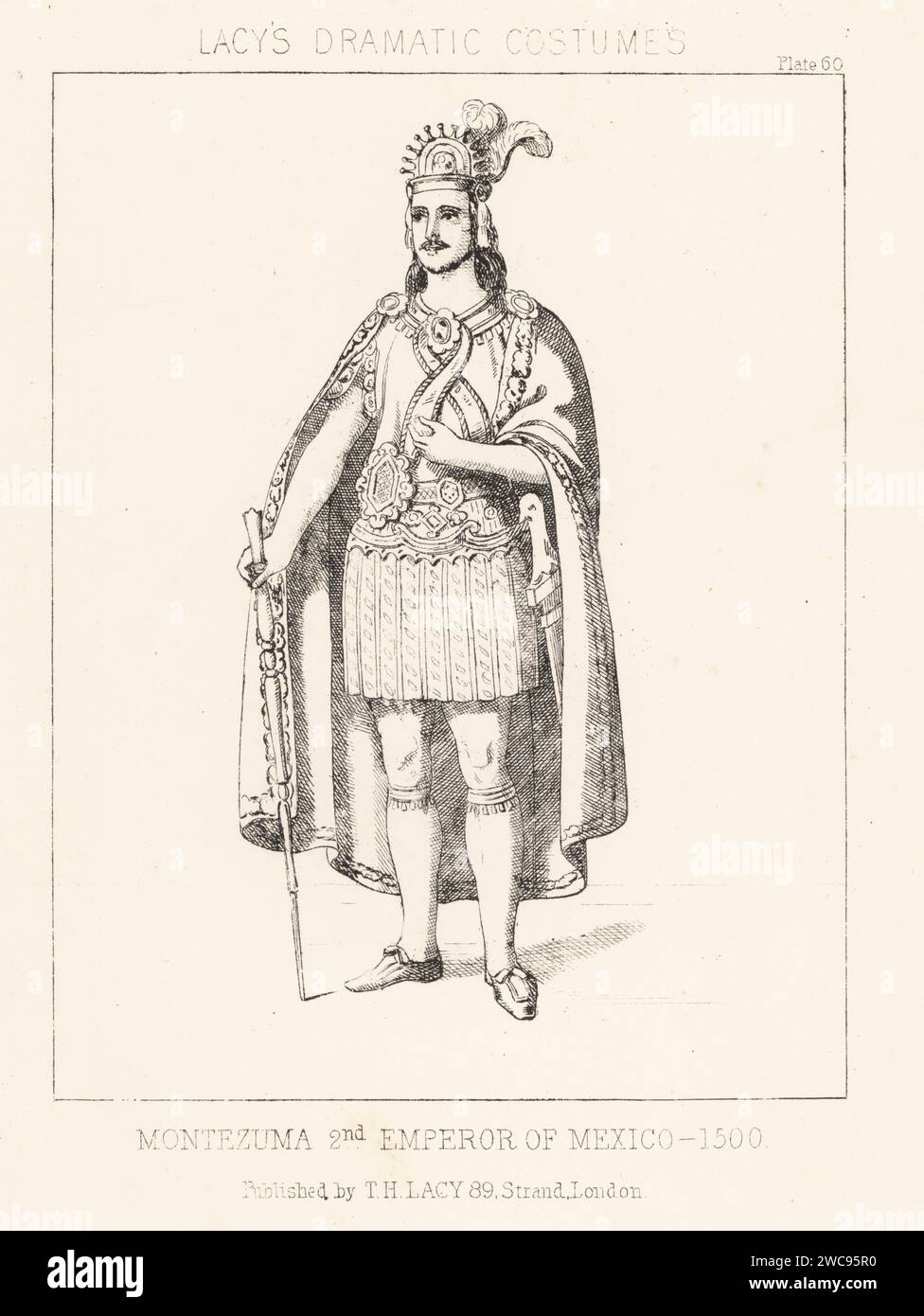 Motecuhzoma Xocoyotzin, Moctezuma II, ninth emperor of the Aztec Empire, c. 1466-1520. In plumed headdress, cloak, tunic and shoes, with sword and staff. Montezuma 2nd emperor of Mexico, 1500. Lithograph from Thomas Hailes Lacy's Male Costumes, Historical, National and Dramatic in 200 Plates, London, 1865. Lacy (1809-1873) was a British actor, playwright, theatrical manager and publisher. Stock Photo