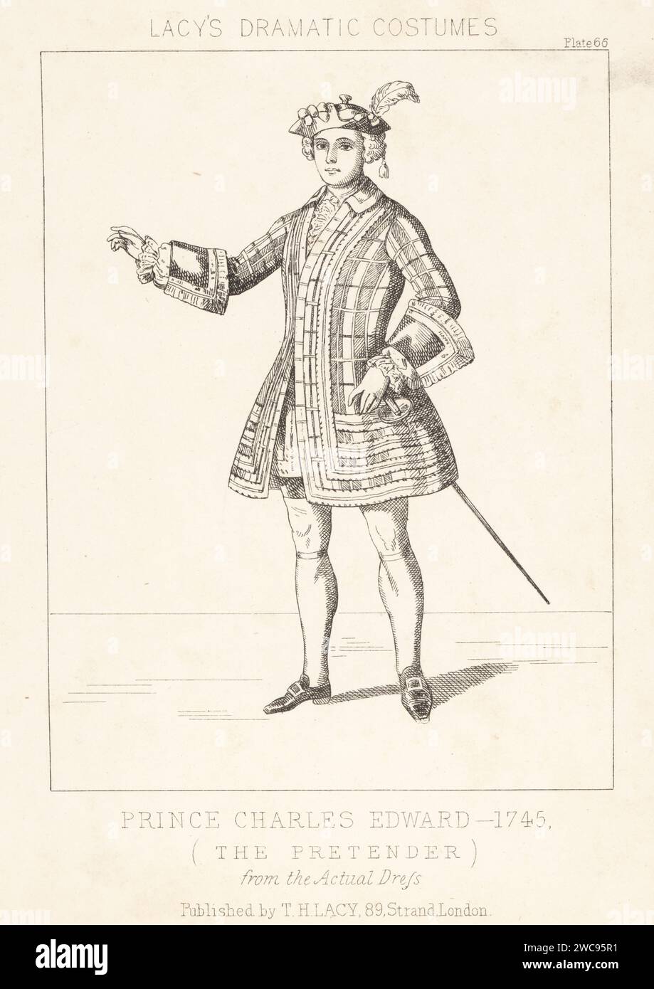 Prince Charles Edward Stuart, Bonnie Prince Charlie, the Young Pretender, 1720-1788. In plumed cap, short tartan frock coat with large cuffs, hose, buckle shoes, with court sword. From the actual dress, 1745. Lithograph from Thomas Hailes Lacy's Male Costumes, Historical, National and Dramatic in 200 Plates, London, 1865. Lacy (1809-1873) was a British actor, playwright, theatrical manager and publisher. Stock Photo