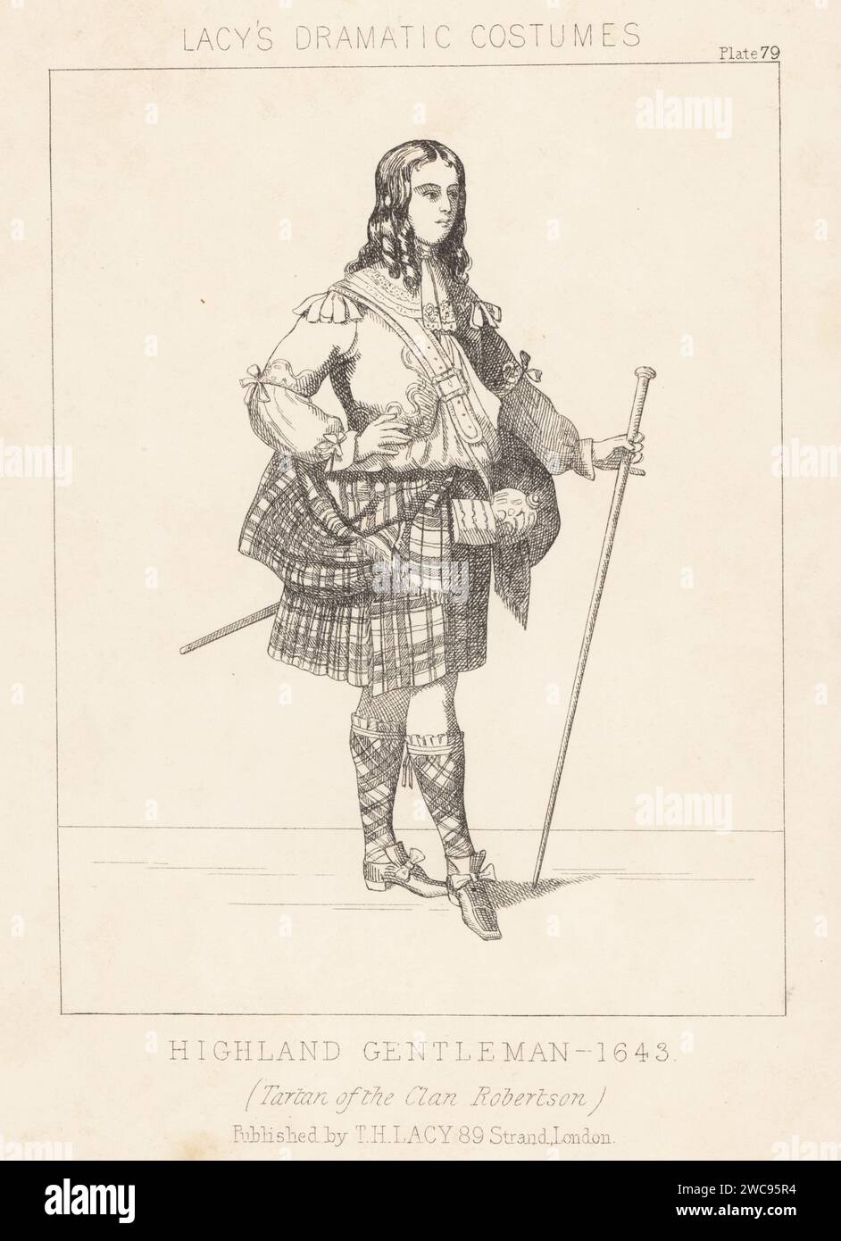 Highland gentleman in kilt, Scotland, 1673. Hair in ringlets, jacket with ribbons, lace collar, tartan kilt and stockings, buckle shoes. Tartan of the Clan Robertson. Lithograph from Thomas Hailes Lacy's Male Costumes, Historical, National and Dramatic in 200 Plates, London, 1865. Lacy (1809-1873) was a British actor, playwright, theatrical manager and publisher. Stock Photo