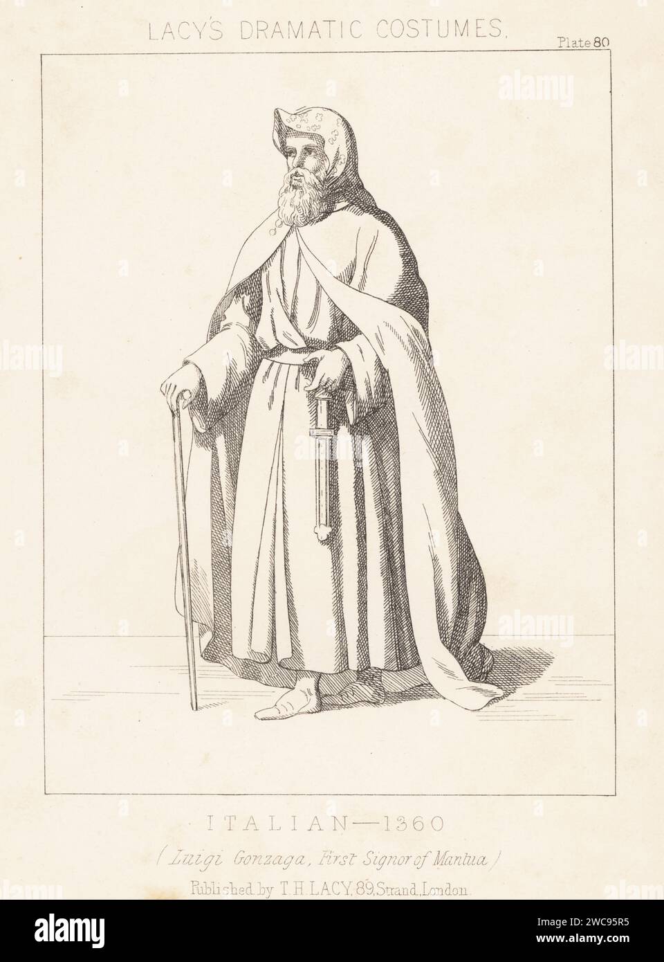 Ludovico I Gonzaga, Italian lord, founder of the Gonzaga family, first capitano del popolo of Mantua and imperial vicar, 1268-1360. In hood, cloak, habit, long belt, with staff. Luigi Gonzaga, First Signor of Mantua, Italy. Lithograph from Thomas Hailes Lacy's Male Costumes, Historical, National and Dramatic in 200 Plates, London, 1865. Lacy (1809-1873) was a British actor, playwright, theatrical manager and publisher. Stock Photo