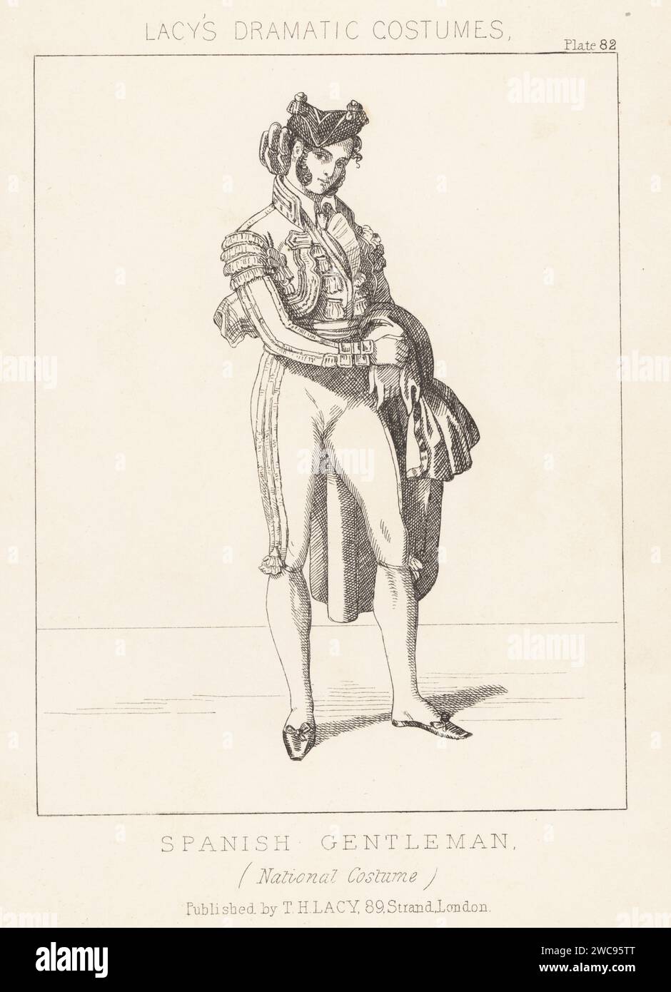 Spanish bullfighter or matador, 19th century. Torero in montera cap, capote de paseo (cape), traje de luces (suit of lights), jacket, stockings, slippers, holding the muleta (cloak) Spanish gentleman (sic), National Costume. Lithograph from Thomas Hailes Lacy's Male Costumes, Historical, National and Dramatic in 200 Plates, London, 1865. Lacy (1809-1873) was a British actor, playwright, theatrical manager and publisher. Stock Photo