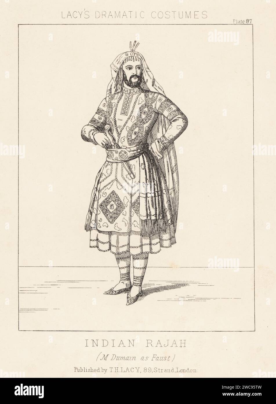 Costume of an Indian Rajah, 1858. In costume as an Indian Rajah. In headdress with long train, embroidered tunic and skirt, sash belt with pistol. (Louis-Francois) Dumaine as Faust (sic). Perhaps one of the three Indians in Adolphe d'Ennery's ballet Faust, 1858. Lithograph from Thomas Hailes Lacy's Male Costumes, Historical, National and Dramatic in 200 Plates, London, 1865. Lacy (1809-1873) was a British actor, playwright, theatrical manager and publisher. Stock Photo