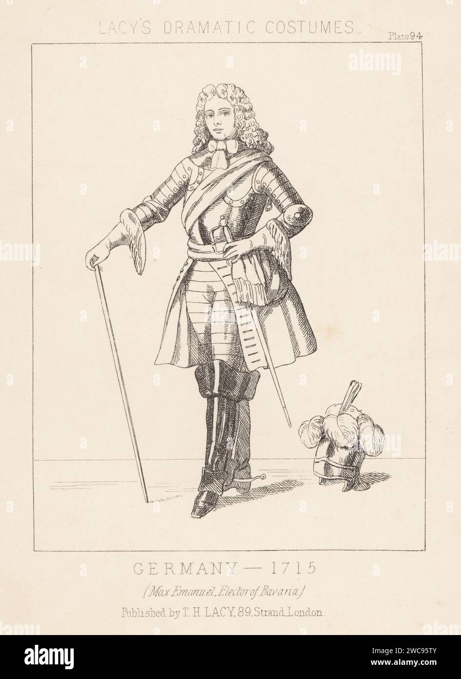 Maximilian II Emanuel, or Max Emanuel, Elector of Bavaria, 1662-1726. In powdered wig, cuirass, coat, breeches, boots, with cane, sword, and plumed helm. Germany, 1715. Lithograph from Thomas Hailes Lacy's Male Costumes, Historical, National and Dramatic in 200 Plates, London, 1865. Lacy (1809-1873) was a British actor, playwright, theatrical manager and publisher. Stock Photo