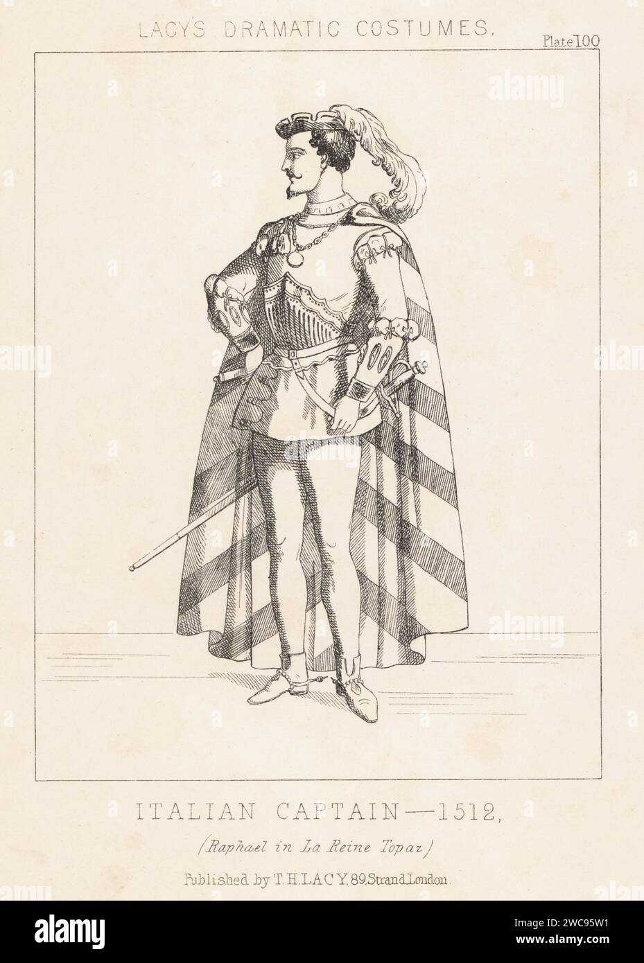 Italian captain, 1512. In plumed cap, cloak, cuirass, slashed doublet, hose, armed with a sword. Costume of the character Raphael in Victor Masse's comic opera La Reine Topaz, The Topaz Queen, 1856. Lithograph from Thomas Hailes Lacy's Male Costumes, Historical, National and Dramatic in 200 Plates, London, 1865. Lacy (1809-1873) was a British actor, playwright, theatrical manager and publisher. Stock Photo