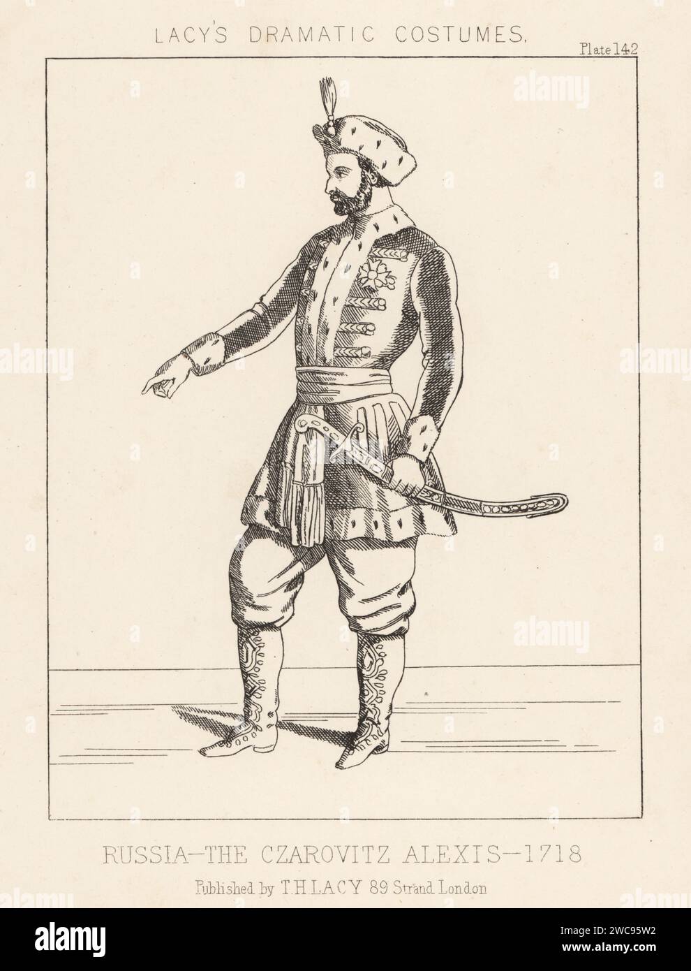 Grand Duke Alexei Petrovich of Russia, Russian Tsarevich, son of Peter the Great, 1690-1718. In ermine-lined cap, ermine-lined coat, breeches and boots, with sabre. The Czarovitz Alexis, Russia, 1718. Lithograph from Thomas Hailes Lacy's Male Costumes, Historical, National and Dramatic in 200 Plates, London, 1865. Lacy (1809-1873) was a British actor, playwright, theatrical manager and publisher. Stock Photo