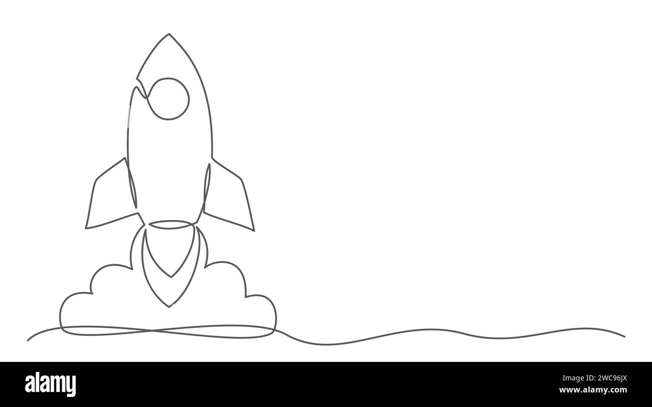 Rocket One line drawing isolated on white background Stock Vector