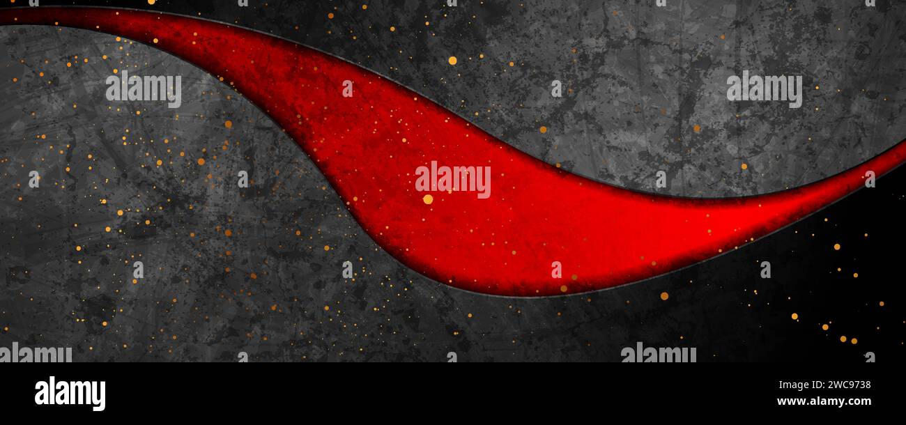 Black and red grunge wavy abstract background with shiny golden dots. Vector banner design Stock Vector