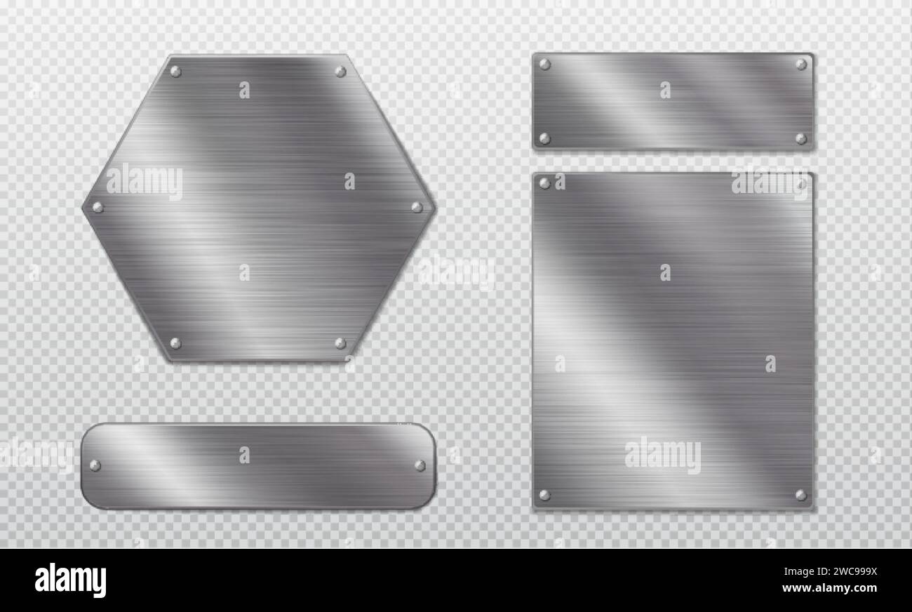 Steel metal tag plate of rectangular, square and hexagon shape with rivets. Realistic vector set of blank aluminum nameplates or boards with screws. C Stock Vector