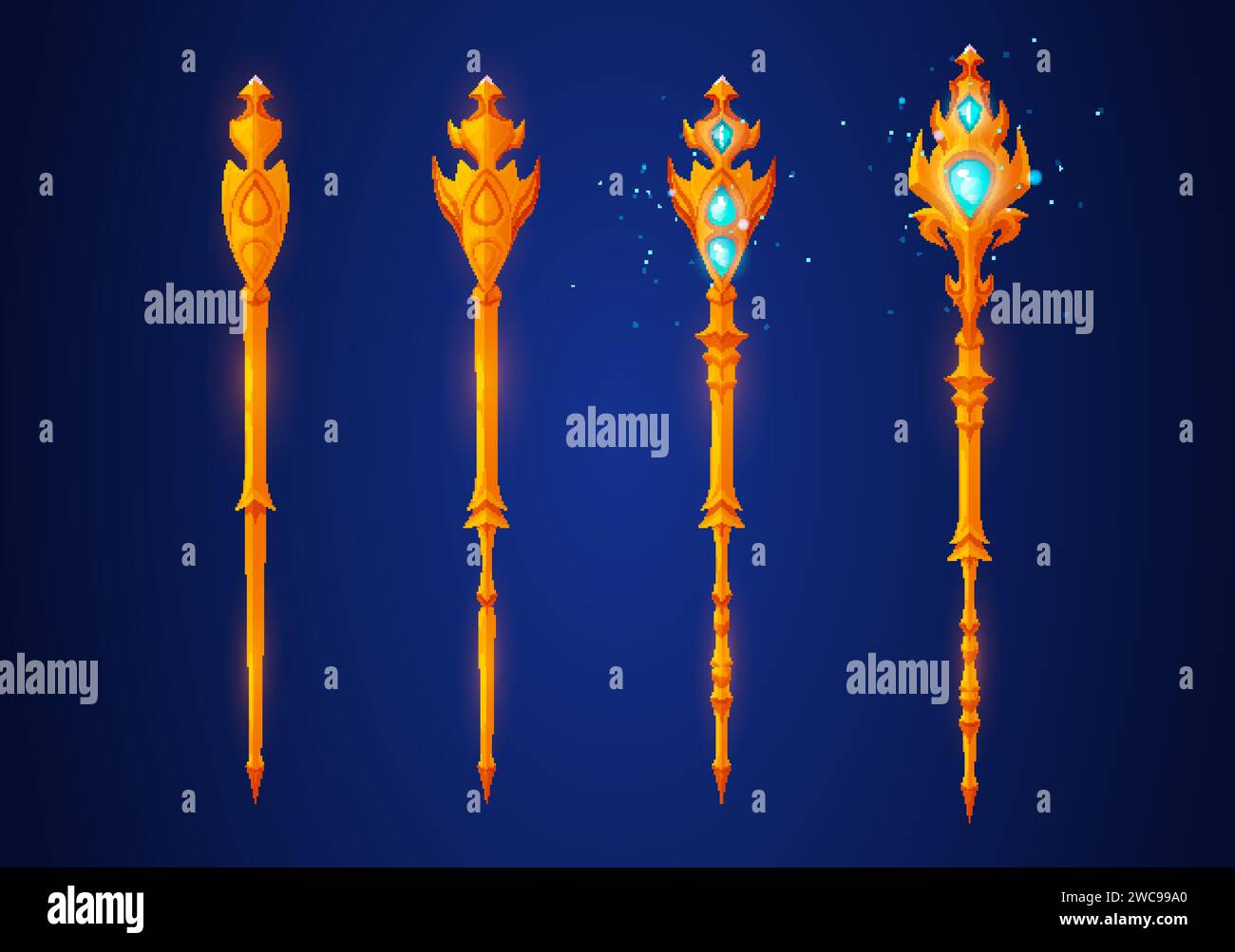 Game rank wizard staffs set isolated on background. Vector cartoon