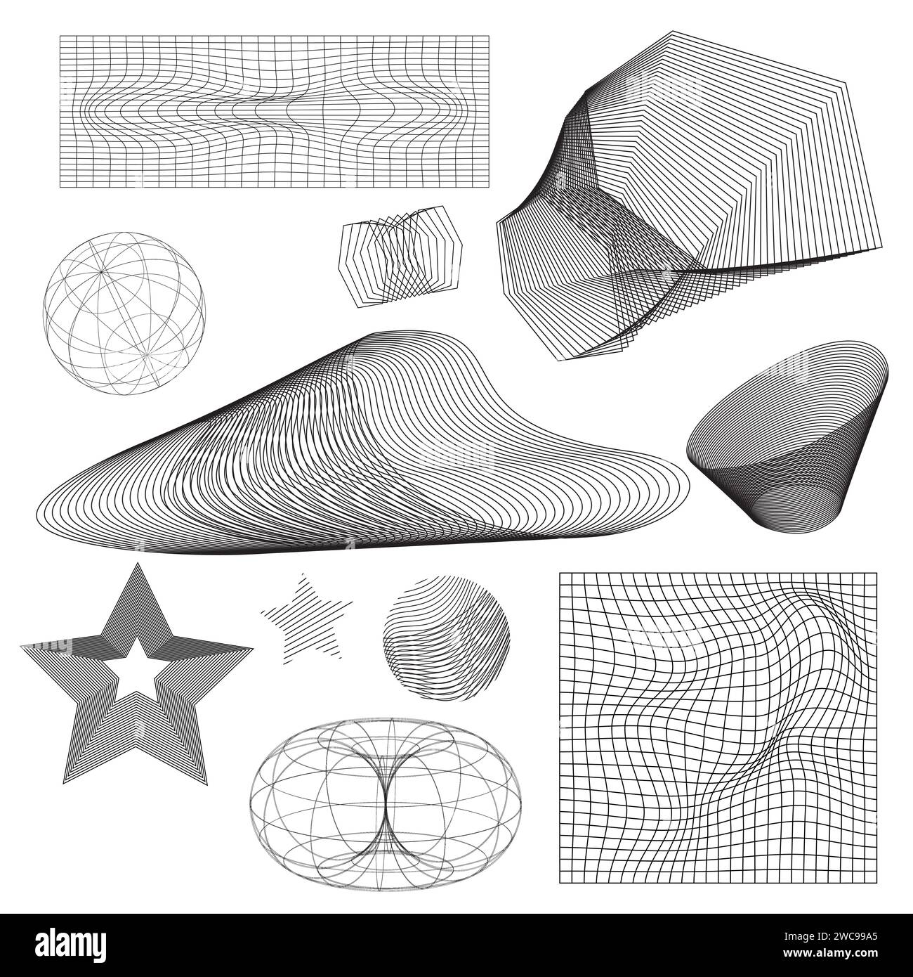 Abstract wireframe figure drawings set isolated on white background. Vector illustration of 3D grid symbols, y2k mesh globe, star, cone, torus, landsc Stock Vector