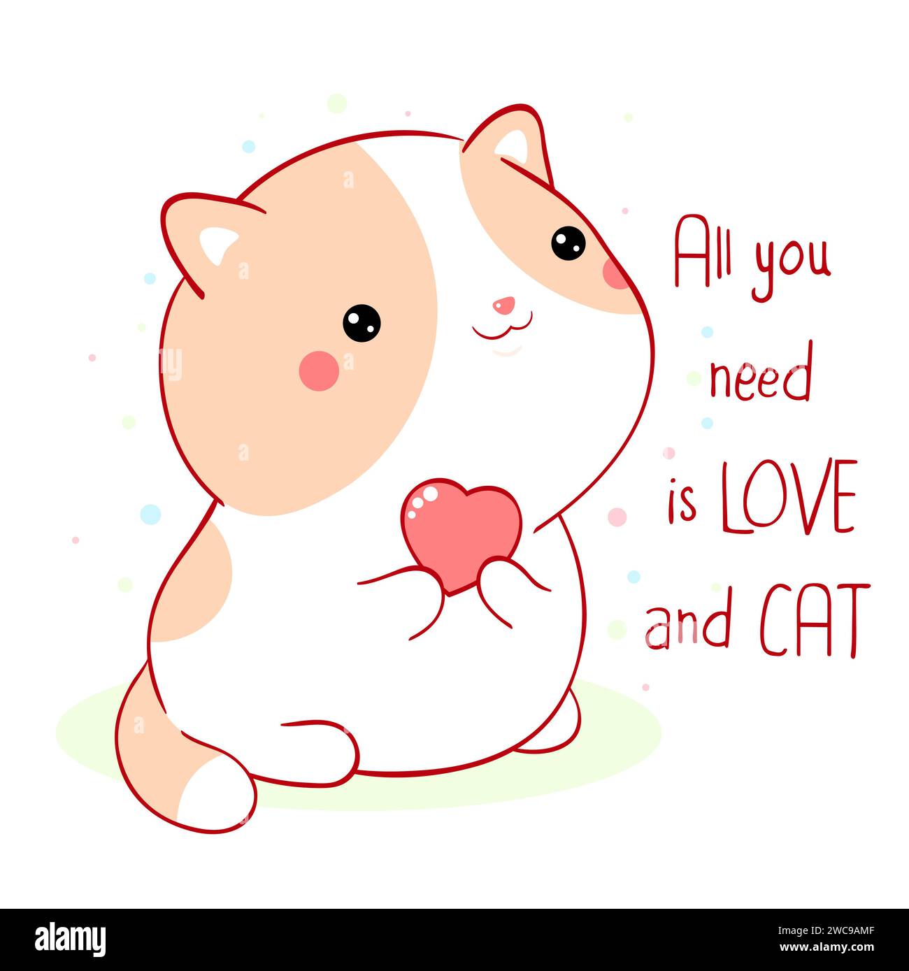 Square poster with cute kitten. Valentine's Day card with funny fat cat and pink heart.  Inscription All you need is love and cat. Can be used for gre Stock Photo
