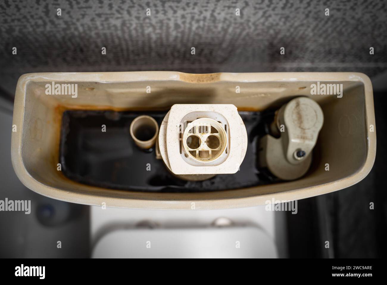 Removed toilet cistern lid, top view. Call a plumber to fix the toilet